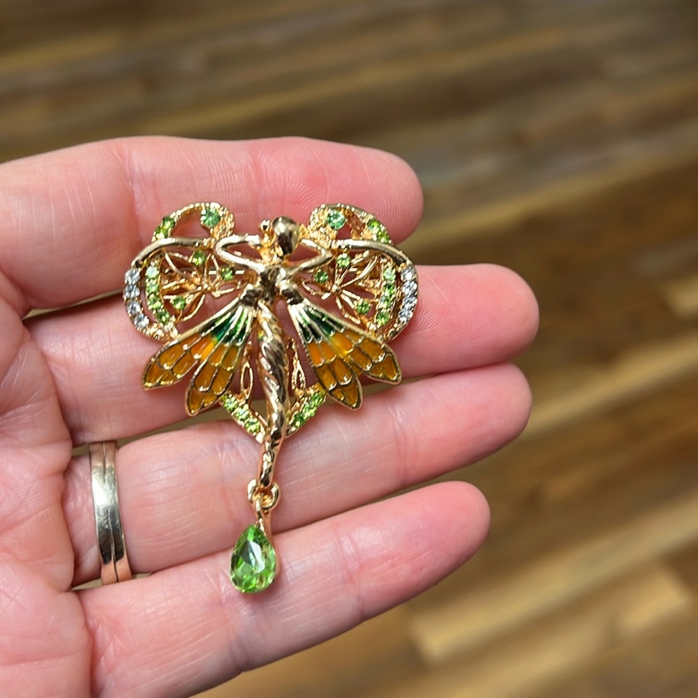 Brooch- Fairie, Green Rhinestones,NIP